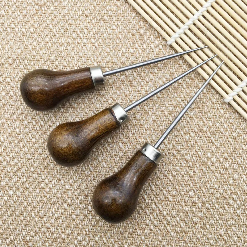 1Pc Professional Leather Wood Handle Awl Tools Sewing Accessories