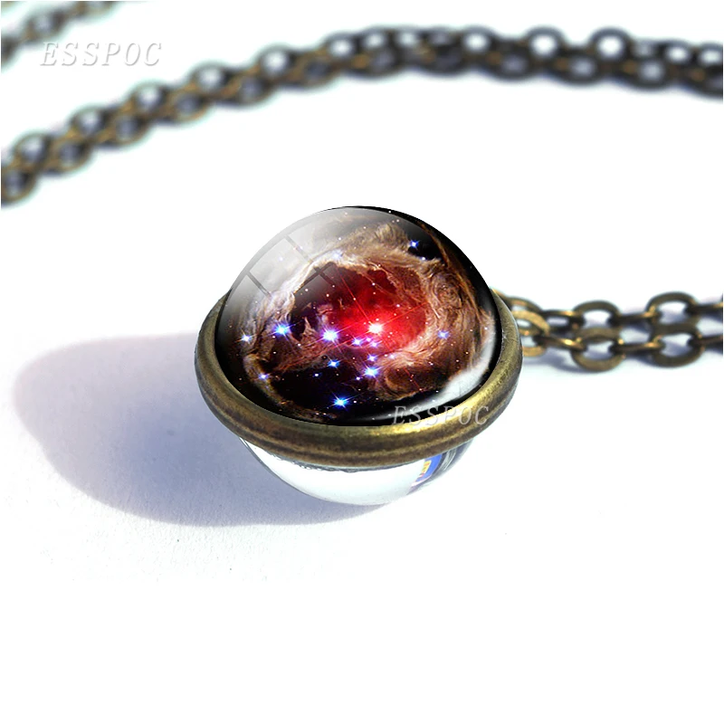 Галактическое ожерелье с дизайном «Туманность» солнечная система планета фото стеклянный шар кулон двухсторонняя винтажная бронзовая цепочка ожерелье украшения Вселенная