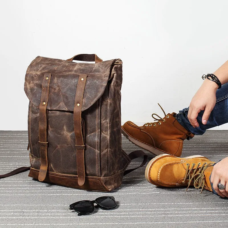 

Men Vintage oli leather Waxed canvas shoulder bag trend leisure bag literary computer waterproof women bag travel backpack tide