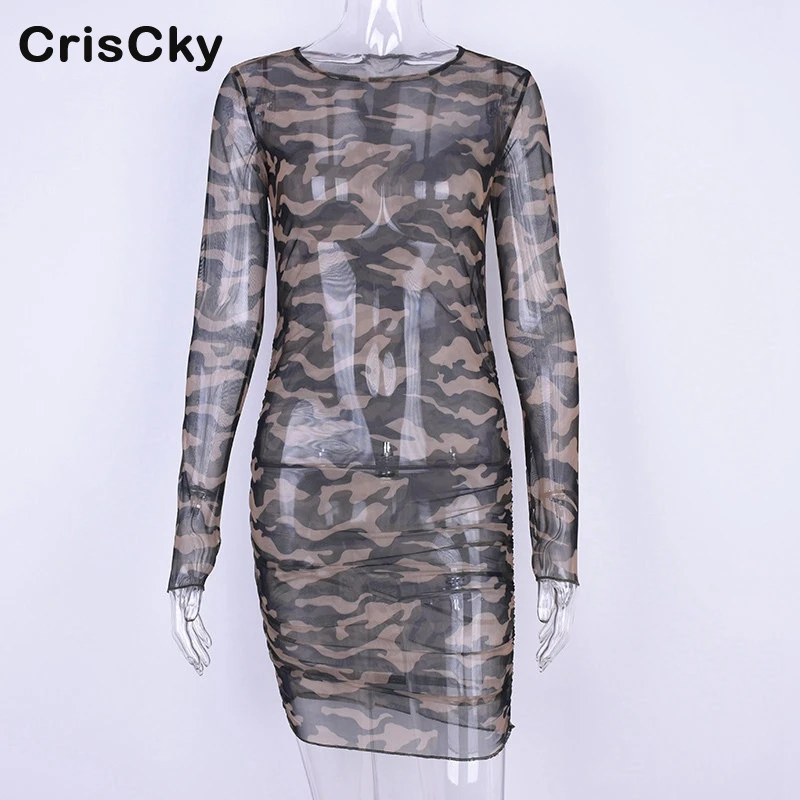 CRISCKY Summer Sexy Party Bodycon Mini Dress Woman O Neck Long Sleeve Slim Mesh Short Dress Womens Casual Sheath Club Dresses