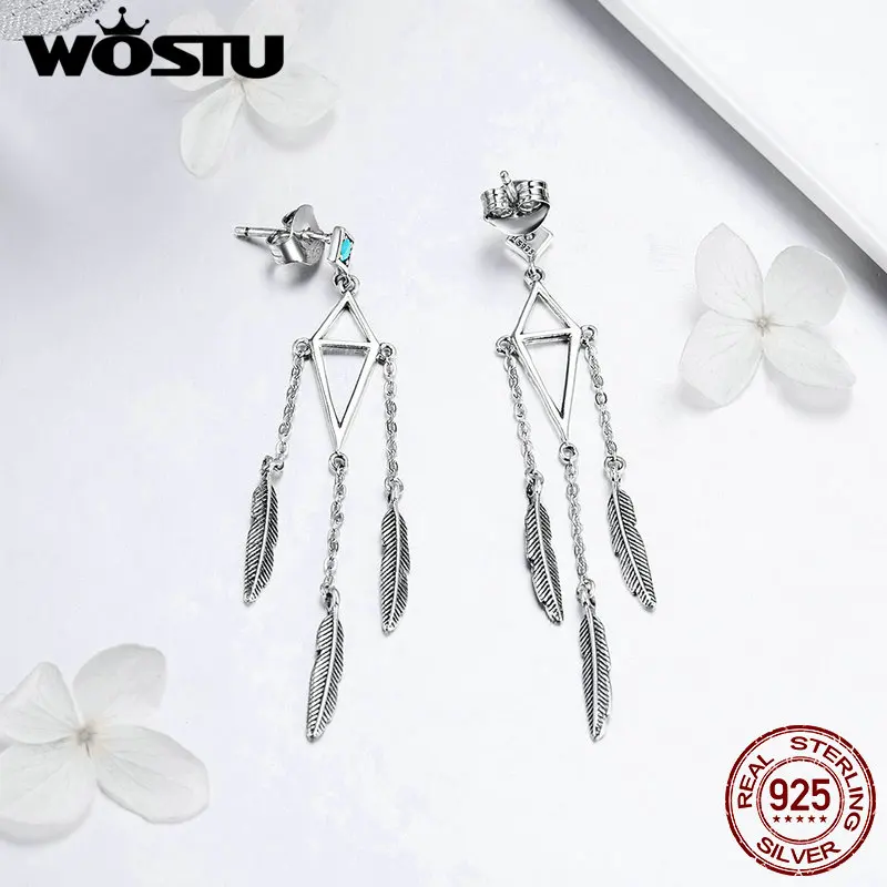 Женские длинные висячие серьги WOSTU серебряные в виде колокольчиков и перьев 925