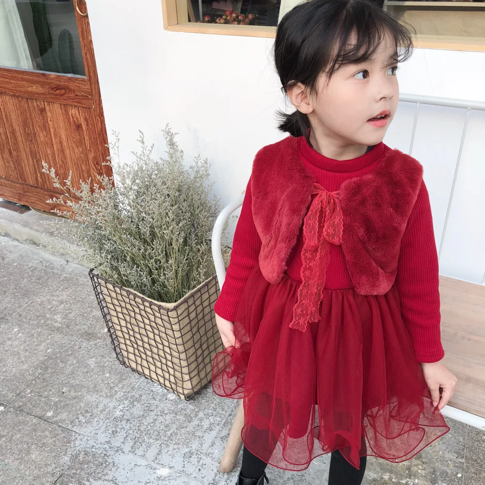 

2018 New Baby Girl Autumn Winter Dress Girls Kids Fur vest Mesh Princess Dresses Children Clothing