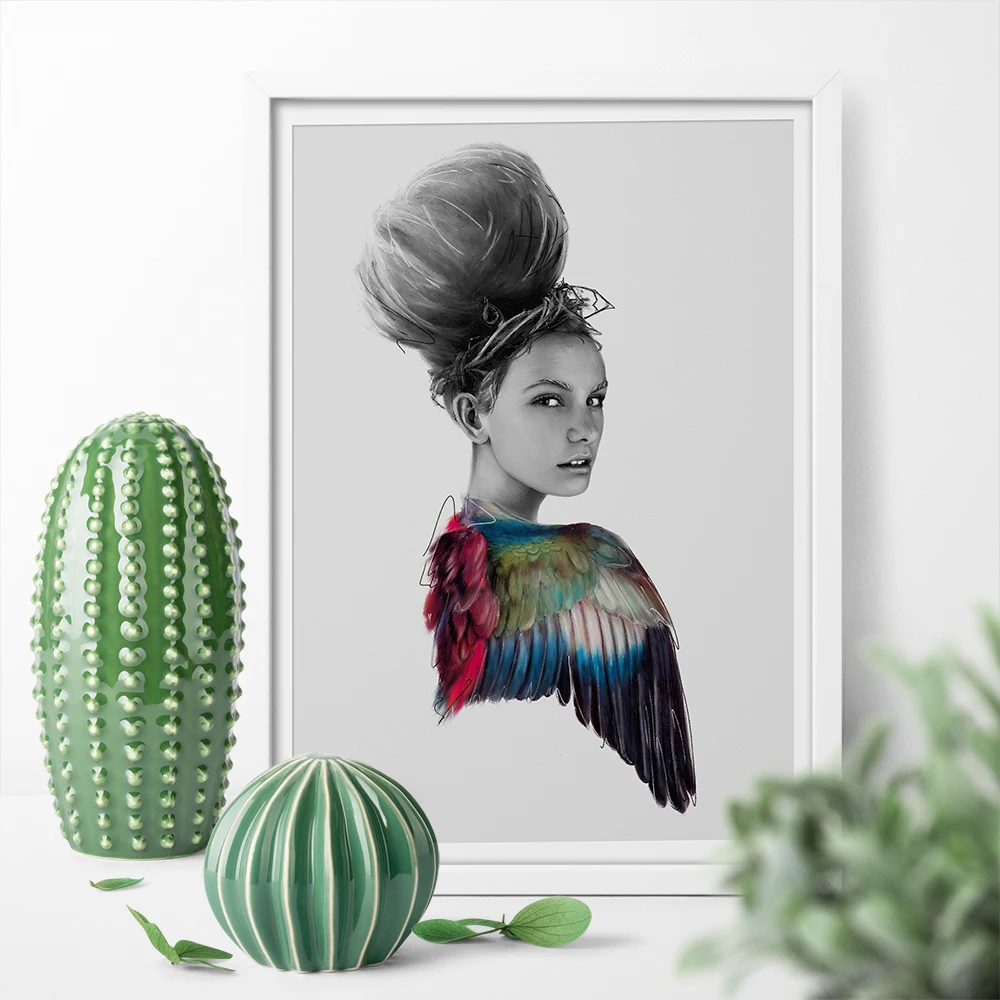

A Nordic Wall Art Poster Beauty Bird Women With Colorful Wings Canvas Painting Posters Prints Canvas Art Home Decor