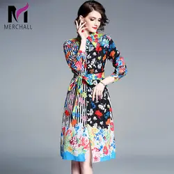 Merchall 2019 Новая мода взлетно-посадочной полосы Платье с цветочным узором Для женщин с длинным рукавом Лук Винтаж с цветочным принтом отпуск
