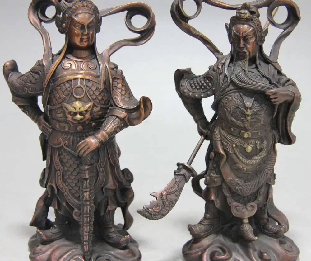 

7 Chinese Folk Pure Red Copper Bronze Guan Gong Guan Yu Wei Tuo Warrior Statue