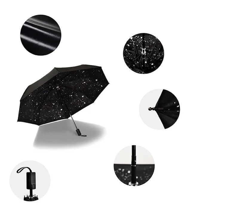 Fashion Black Stars Women Umbrella Three Fold Wind Resistant Anti UV Sun Umbrella Sunny And Rainy Dual-use Male Parasol6
