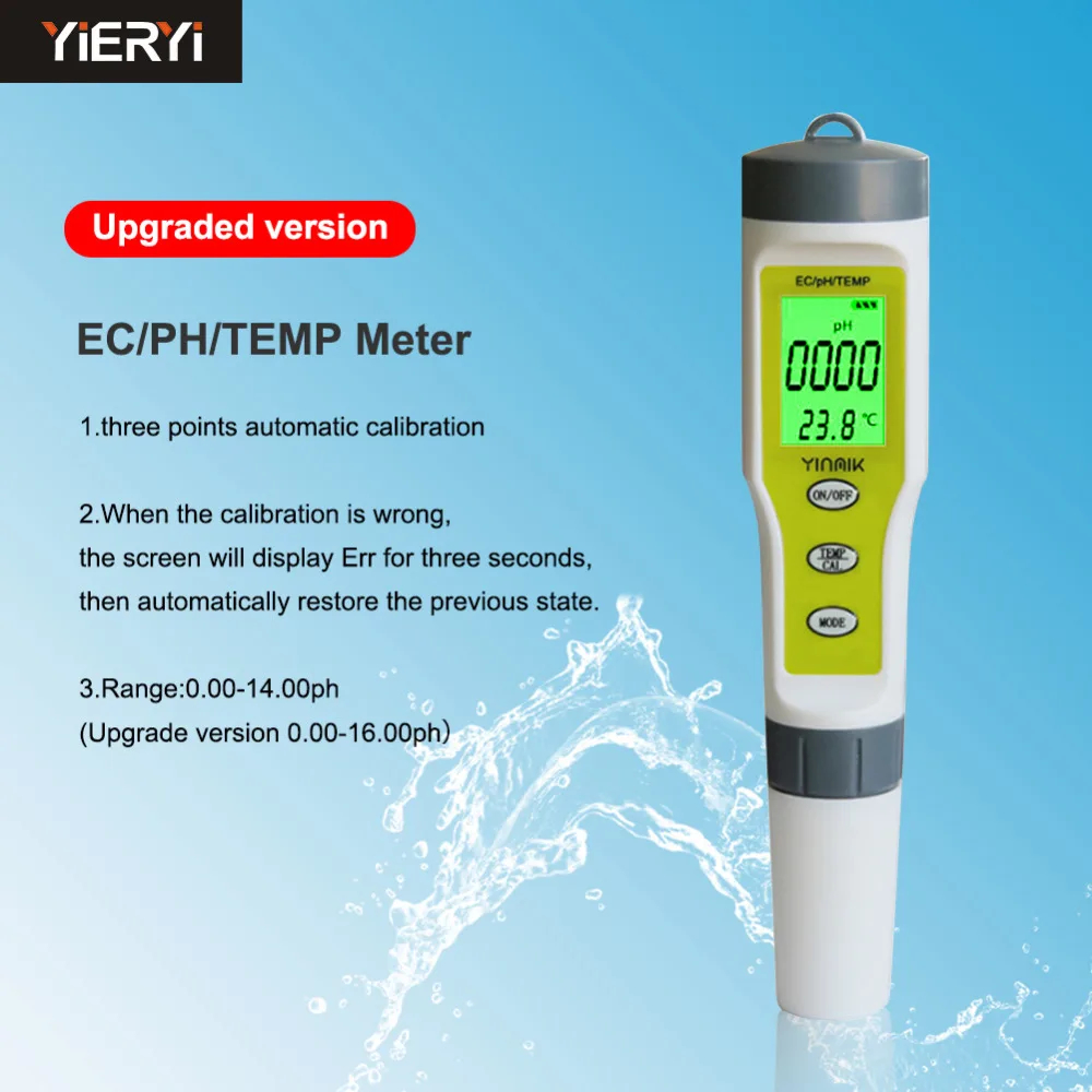 

Yieryi New Portable 3-in-1 Hand-held Water Quality Test Pen (EC / PH & TEMP) Accuracy 0.01 Pool Home Drinking Water Tester
