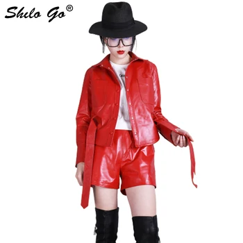 

SHILO GO Leather Jacket Womens Spring Fashion sheepskin genuine leather Coat lapel collar single breasted front pocket belt coat