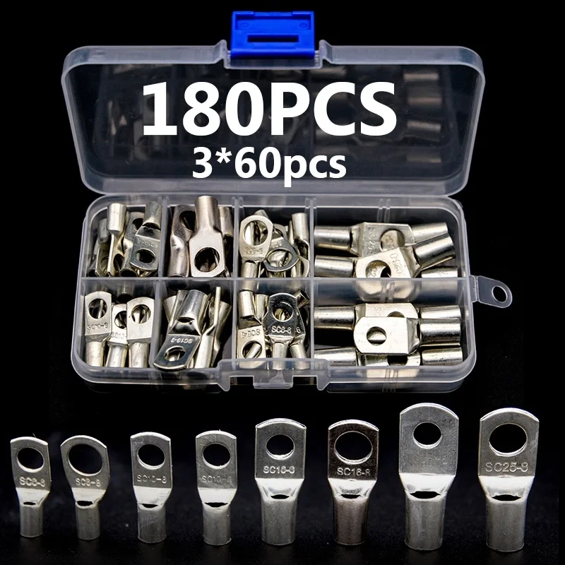 

180PCS SC Bare Terminals Tinned Copper Lug Ring Seal Wire Connectors Cable Crimped/Soldering Terminal Assorted Kit
