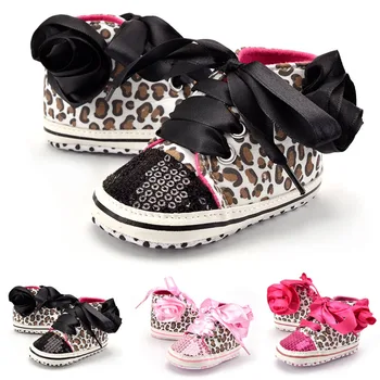 

Hot Sell 0-12M Baby Prewalker Newborn Girl Leopard Printed Sequin Sneaker Toddler Kids Non-Slip Lace Up Walking Shoes @