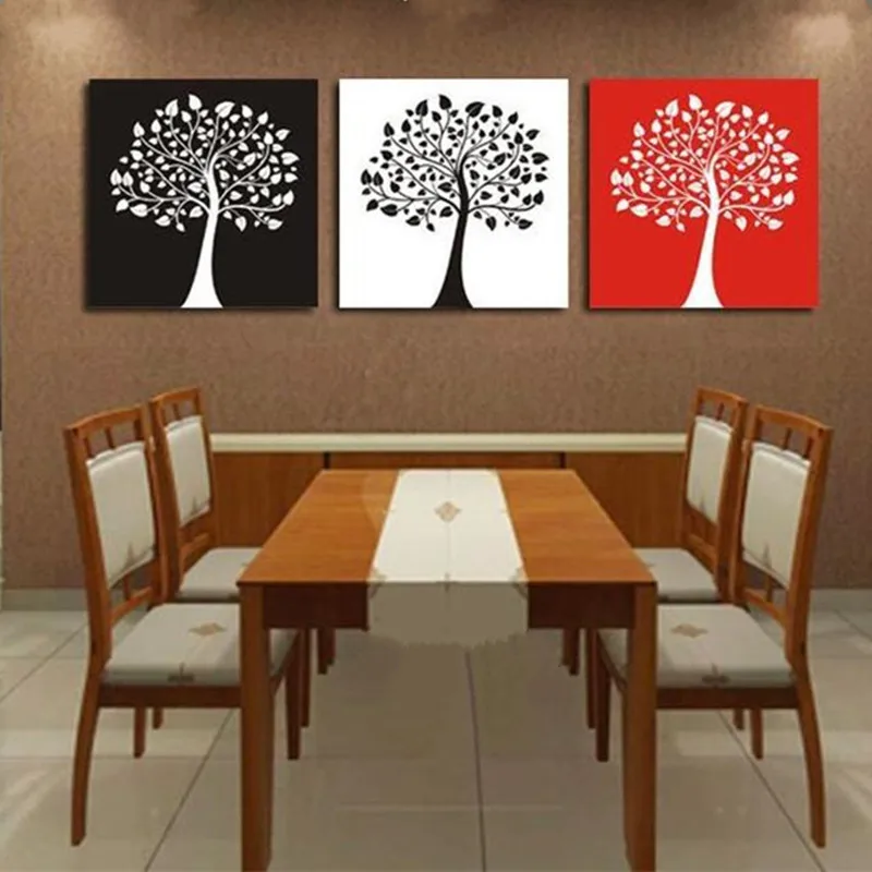

Modern 3 Panel Wall Painting Home Decor Arts Hand-painted Abstract Trees Oil Paintings on Canvas Black White Red Square Pictures