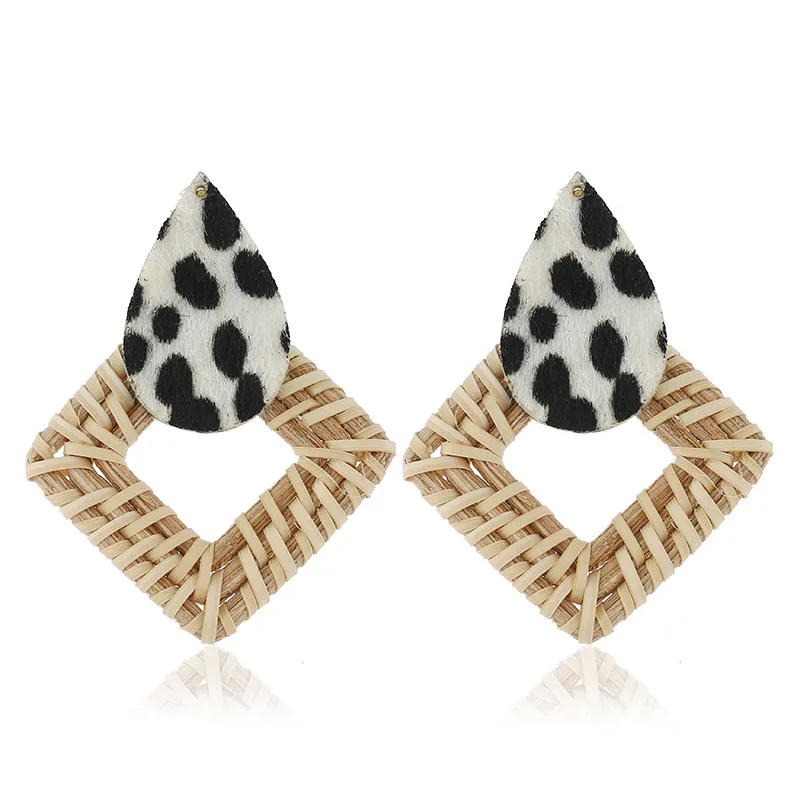 Fashion Classic All-match Rattan Knitting Cutout Rhombus Ornament Eardrop Bohemian Leopard Teardrop Women Personality Earrings Fashion Classic All-match Rattan Knitting Cutout Rhombus Ornament Eardrop Bohemian Leopard Teardrop Women Personality Earrings