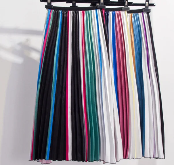 Радуга женские плиссированные юбки Повседневная юбка средней длины летние резинка на талии трапециевидной формы Высокая талия контраст