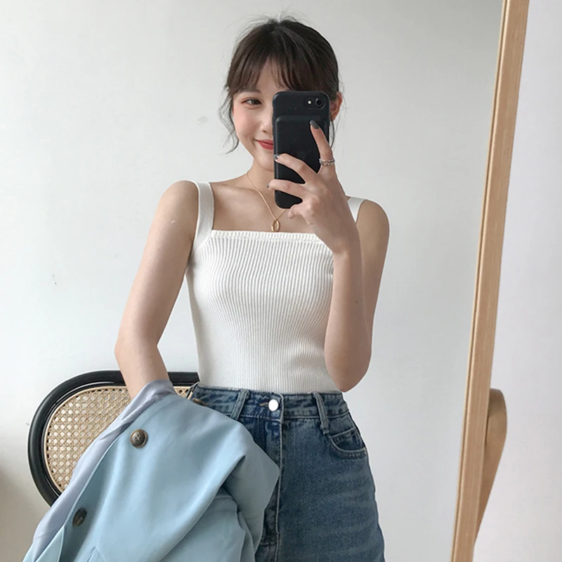 

Women's Vest Summer New Korean Version All Match Pure-color Bottom Knitting Sling Inside and Outside Students Wearing Tank Top