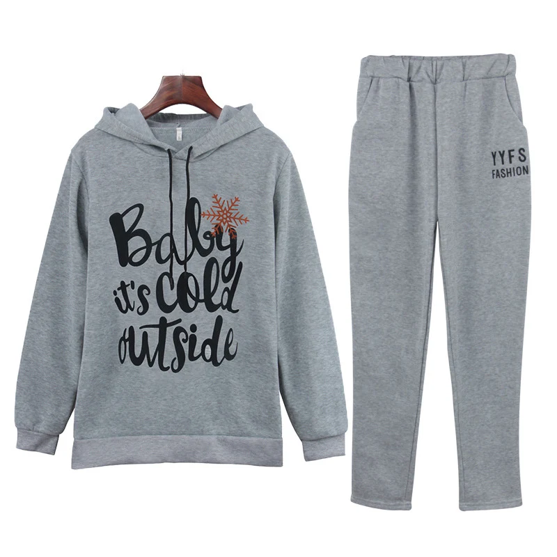 Two-piece Printed Christmas Elements Casual Fashion Suit 2018 Autumn and Winter New Plus Velvet Hooded Sweater Casual Pants Suit Women's Sets