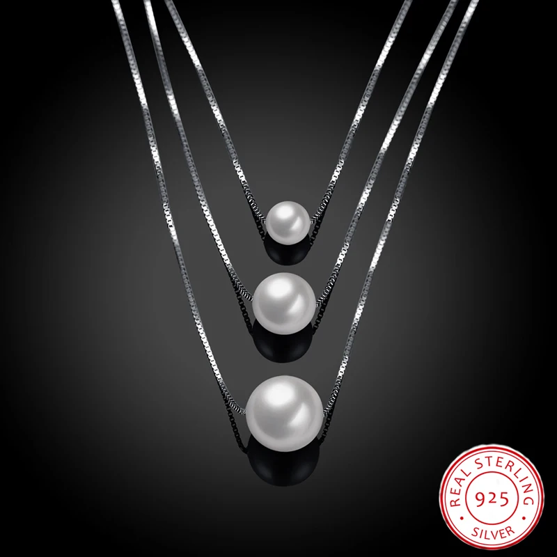 

Genuine 100% 925 Sterling Silver Luminous Three Layers Pearls Chain Pendant Necklaces for Women Silver Necklace Jewelry