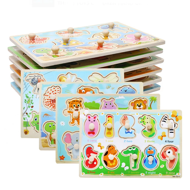 Baby Puzzle Toys Wooden Jigsaw Hand Grab Board Set Educational Toys for Children Cartoon Vehicle Marine Animal Jigsaw Child Gift