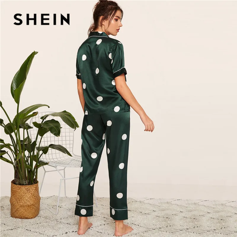 SHEIN Сатиновые весенне-летние пижамы с принтом, женская одежда, короткий рукав, длинные штаны, одежда для сна, повседневный комплект свободных пижам для дам