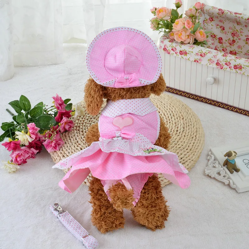 

Pet Dog dresses Clothes Set Puppy dogs Dress + Harness Leash Collar + Hat Headwear + Physiological Sanitary Panty