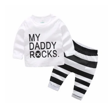 

Infant Baby Clothes Suits White T-shirt My Daddy Rocks Tops Striped Pants 2pcs Bebe Outfit Kids Clothing Sets