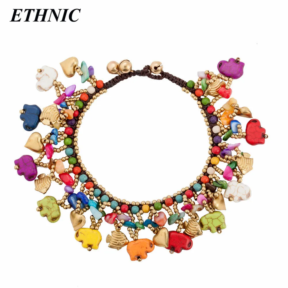 

ETHNIC Brand Bohemian Colored Elephant Beads Charm Anklets for Women Beach Fashion Anklet Gold-color Beaded Chain On Foot