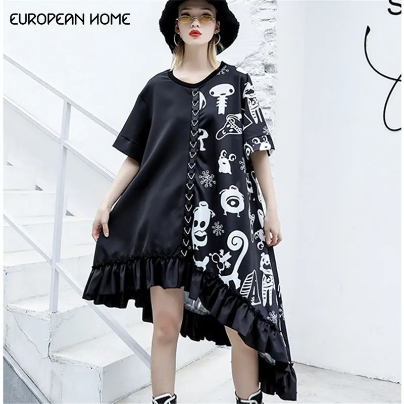 New 2019 Spring Summer Dress Women Stitching Printed Pattern Short-sleeved Irregular Hem Plus size women clothing Long Dresses