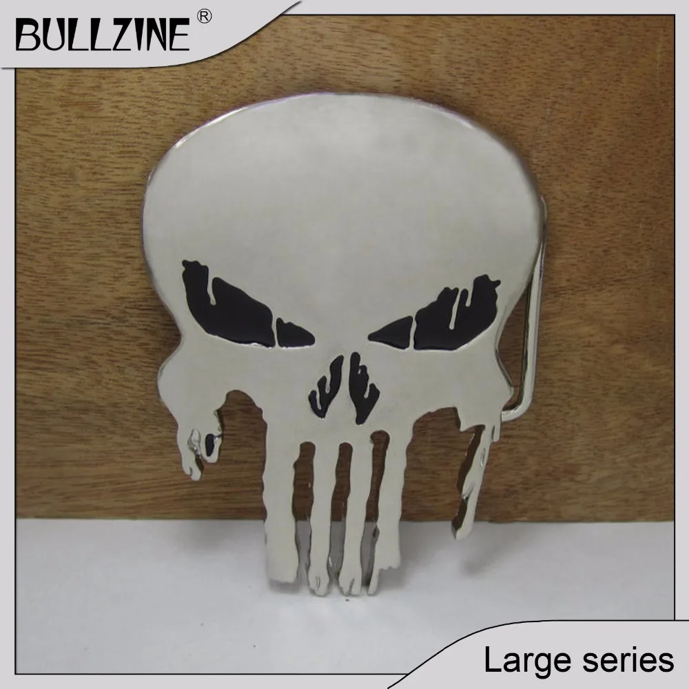 

The Bullzine punisher skull belt buckle with silver finish FP-02686-2 with continous stock