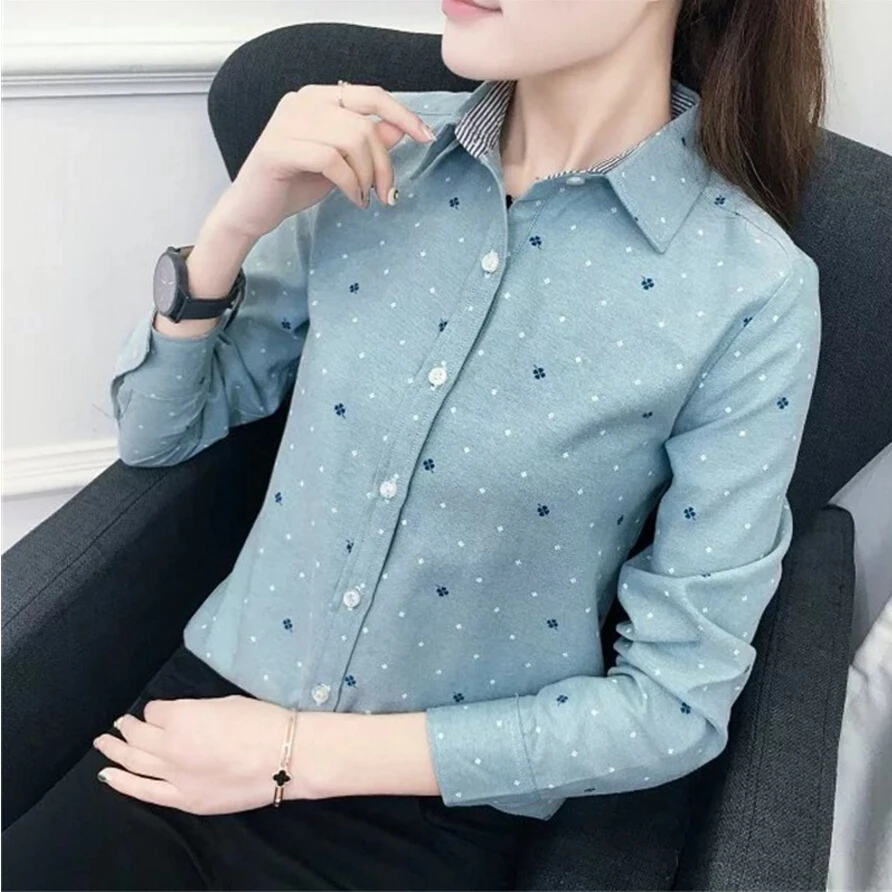 

2017 new winter long sleeved shirt printing dots all-match new female small fresh female student shirt lapel blouses