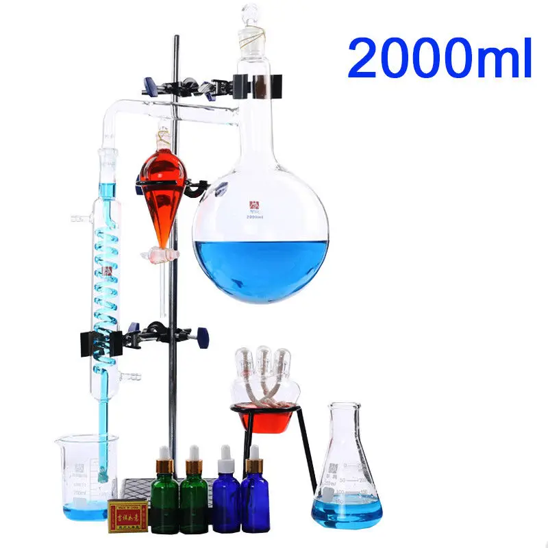 US $234.10 2000ml New Lab Essential Oil Distillation Apparatus Water Distiller Purifier Glassware Kits WCondenser Pipe Full Sets