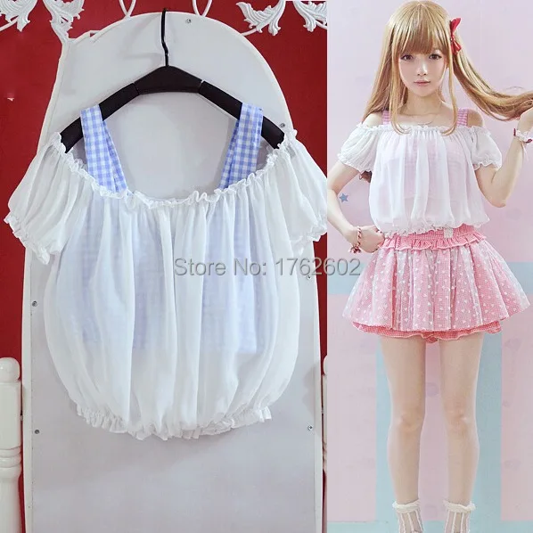 

Kawaii 2Pieces Set Girls Suspender Vest + Chiffon One Shoulder Tunic Top Tee Lolita Style Cute