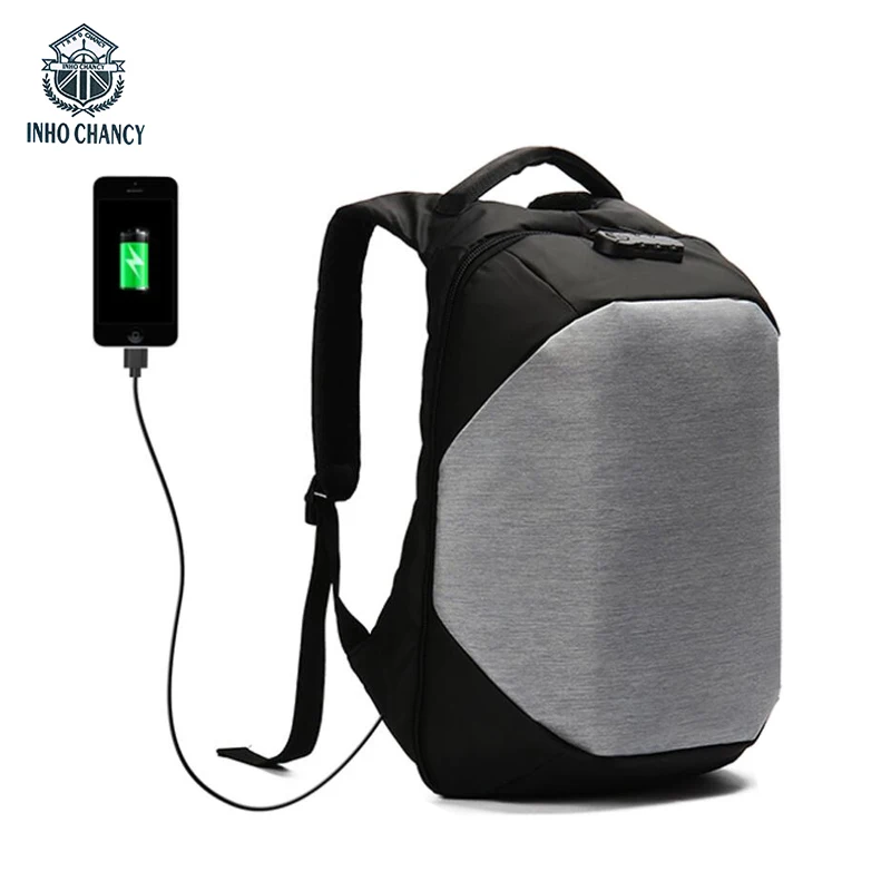 

INHO CHANCY Men USB Charging Back Pack Combination Lock 15.6 Inch Laptop Bag Waterproof Anti-Theft Backpack Leisure Travel Bag