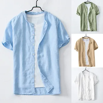 

Men Blouse Summer Men's Cool Thin Breathable Solid Color Button Cotton Shirt Short Sleeve