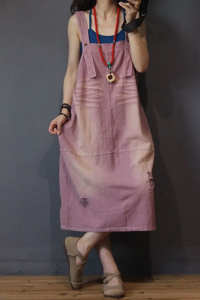 

Women Loose Ripped Vintage Scratched Demim Dress Spaghetti Strap Loose Denim Dresses Female Vintage Retro Bleached Dress