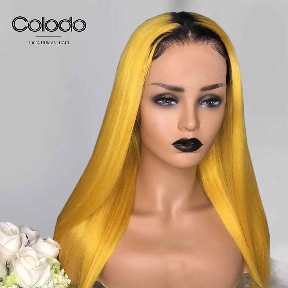 

COLODO Ombre Yellow with 1b Roots Lace Front Human Hair Wigs Brazilian Remy Hair Pre Plucked Long Straight Wigs with Baby Hair
