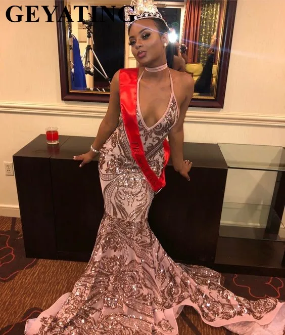 Sexy Spaghettibandjes Halter Backless Rose Gold Prom Jurken Lange Mermaid Zwarte Meisjes Gala Jurk Afrikaanse Formele Graduation Gowns Sexy Spaghettibandjes Halter Backless Rose Gold Prom Jurken Lange Mermaid Zwarte Meisjes Gala Jurk Afrikaanse Formele Graduation Gowns