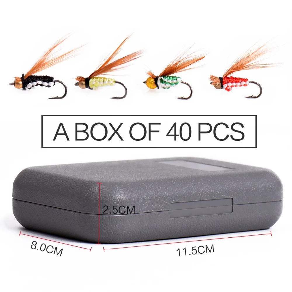 40pcs Fly Fishing Lure Kit Dry Fly Flies Baits Hooks Feather Wing for Trout Bass Fishing Artificial Bait Lure with Box