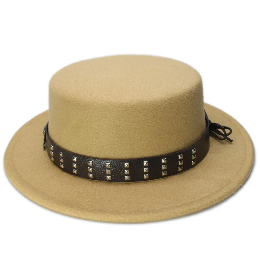 LUCKYLIANJI Women Men Vintage 100% Wool Wide Brim Top Cap Pork Pie Pork-pie Bowler Hat Skull Bead Leather Band (57cm/Adjust) straw fedora hat