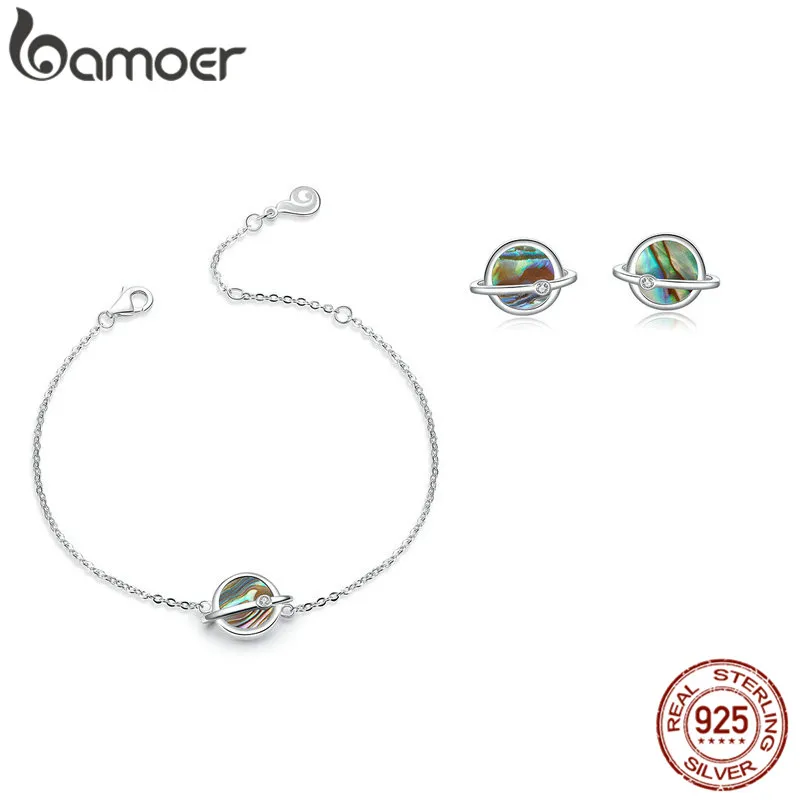 

bamoer Design Planet Stud Earrings and Bracelets for Women 925 Sterling Silver Jewelry Sets Natural Shell Fashion Bijoux ZHS119