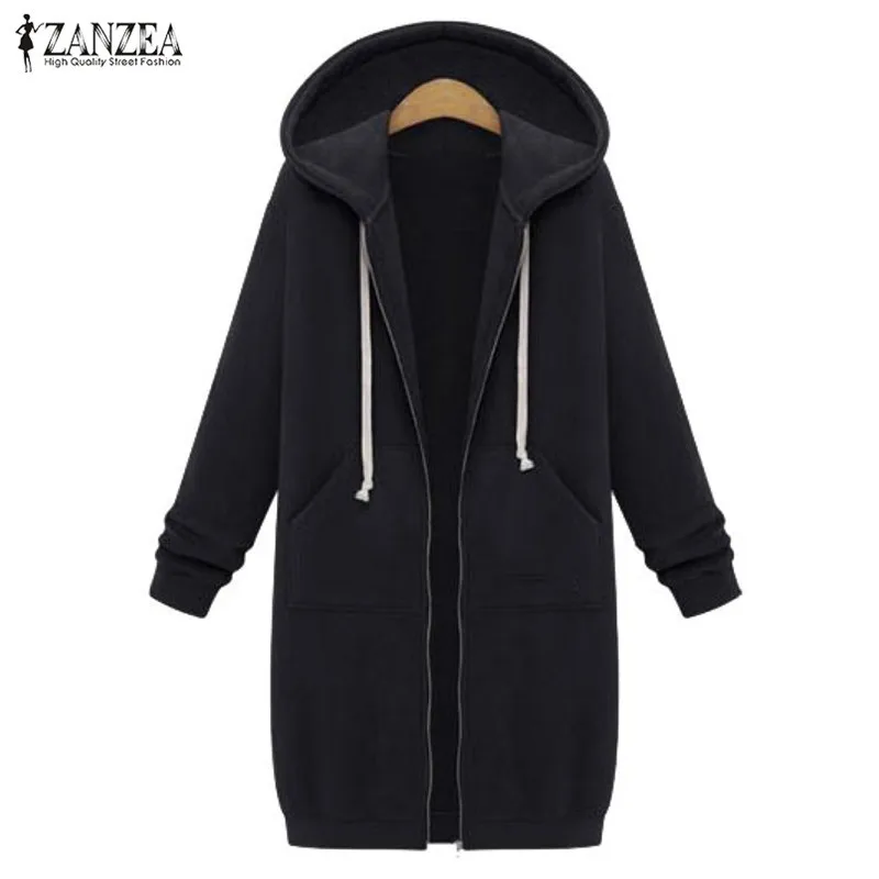  ZANZEA 2019 Autumn Winter Pullovers Women Long Hooded Sweatshirt Coat Casual Pockets Zip Up Outerwe