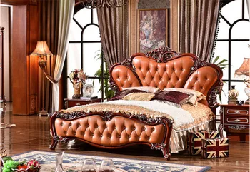 

European style solid wood carving (leather bed) antique home furniture