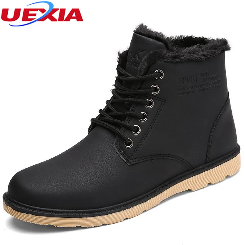 UEXIA High Quality Outdoor Flats Leather Men Snow Boots Winter Warm Comfortable Black Brown Man Shoes