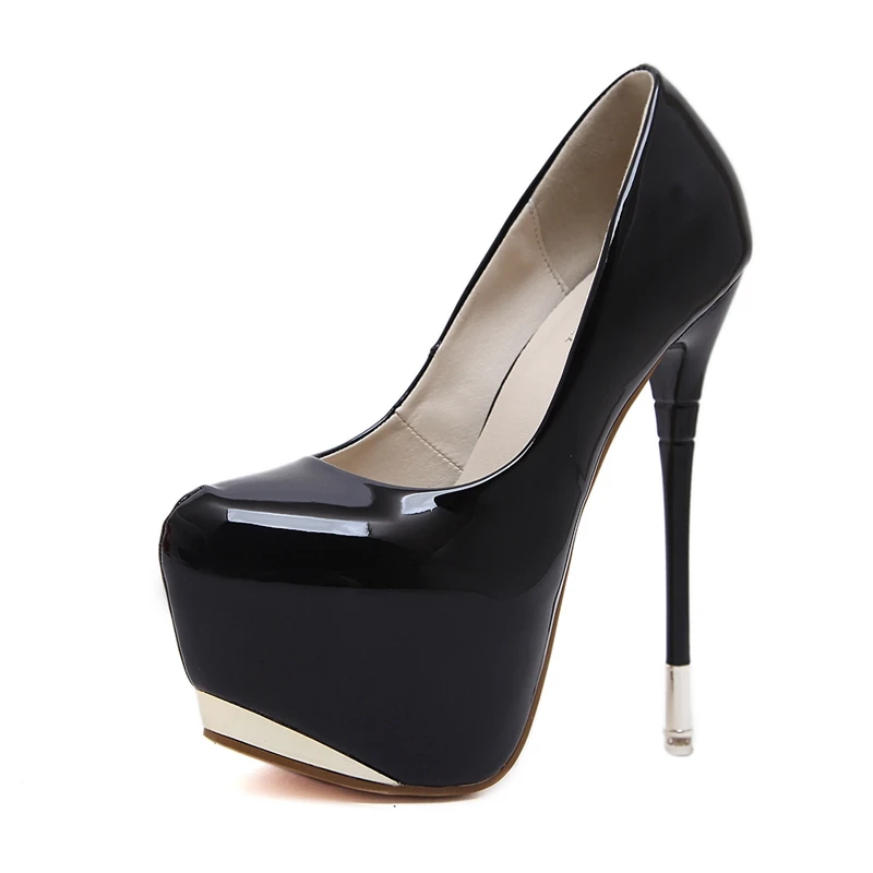 DiJiGirls/Новинка года; женские туфли-лодочки для ночного клуба на очень высоком каблуке 16 см; туфли на шпильках с закрытым носком; тонкие туфли из лакированной кожи - Цвет: Black