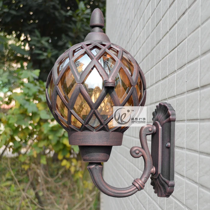 

European outdoor vintage black aluminum E27 LED bulb wall light fixture home deco retro bronze glass ball corridor lamp