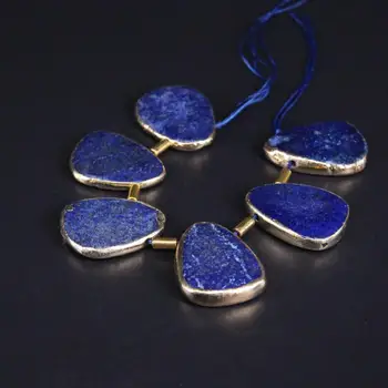 

Approx6PCS/strand Gold edged Raw Lapis Lazuli Top Drilled Slab Slice Pendant Beads,Natural Gems Stone Nugget Jewelry Making