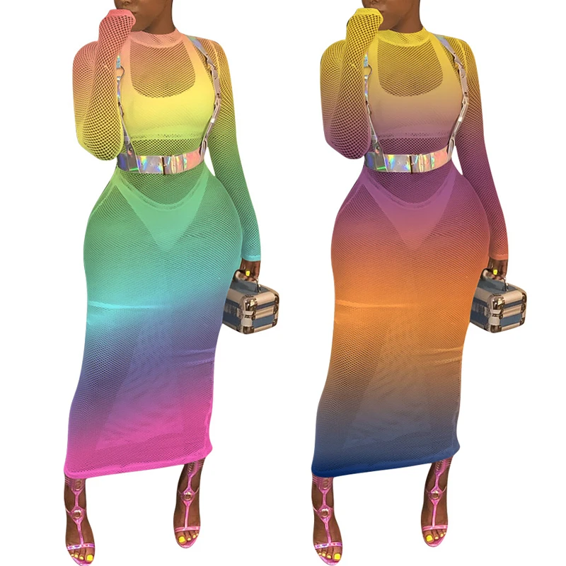 

2019 New Gradient color long beach dress sexy women see through bikini cover ups swimsuit swimwear bathing suit cover up