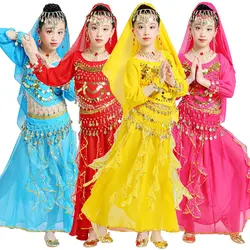 Комплект из 5 предметов, костюм для танца живота с длинными рукавами, Детские Танцевальные Костюмы Болливуда, Индийский Болливуд, детский