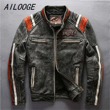 AILOOGE Мужская куртка из натуральной коровьей кожи для мотоциклистов винтажная куртка с воротником-стойкой и вышивкой кожаная куртка для мотоциклистов