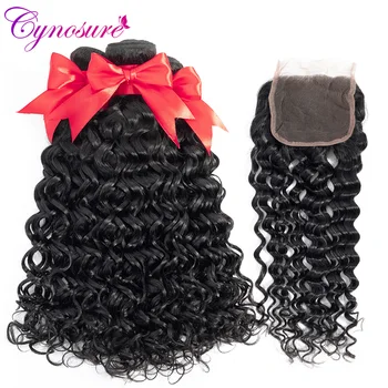 

Cynosure Remy Human Hair Water Wave Bundles with Closure Natural Black Brazilian Hair Weave Bundles with Closure