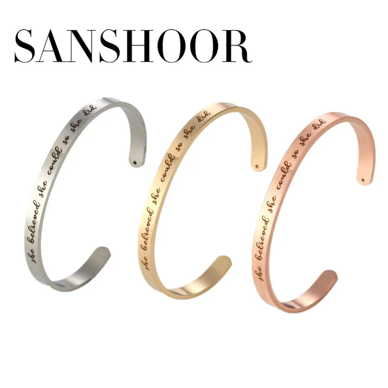 

2018 New 6mm Personalized She believed she could so she did stamped Cuff Inspiration Mantra Bracelet Bangle 10pcs/lot