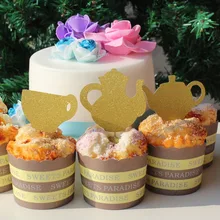 16 блеск золота Чай партии Чайники Чай Кубок кекс топперы Baby Shower Алиса в стране чудес украшение партии комплекты одна сторона